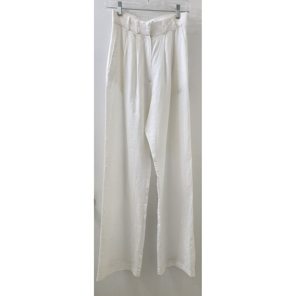 Ceren Ocak White 100% Linen Wide Leg Pleated High Rise Trousers Pants‎ Size 36